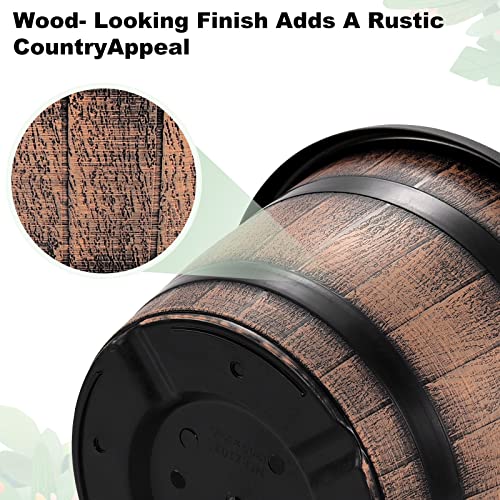 Quarut Large Plastic 4 Pack14 inch Plant Pots,Whiskey Barrel Planters with Drainage Holes & Saucer.Flower Pots Imitation Wine Barrel Design for Indoor & Outdoor Garden Balcony Plants.5 Gallons(Brown) - Image 5