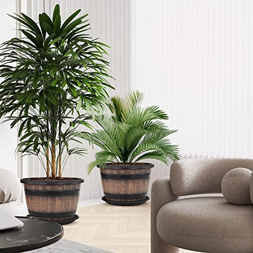 Quarut Large Plastic 4 Pack14 inch Plant Pots,Whiskey Barrel Planters with Drainage Holes & Saucer.Flower Pots Imitation Wine Barrel Design for Indoor & Outdoor Garden Balcony Plants.5 Gallons(Brown) - Image 4