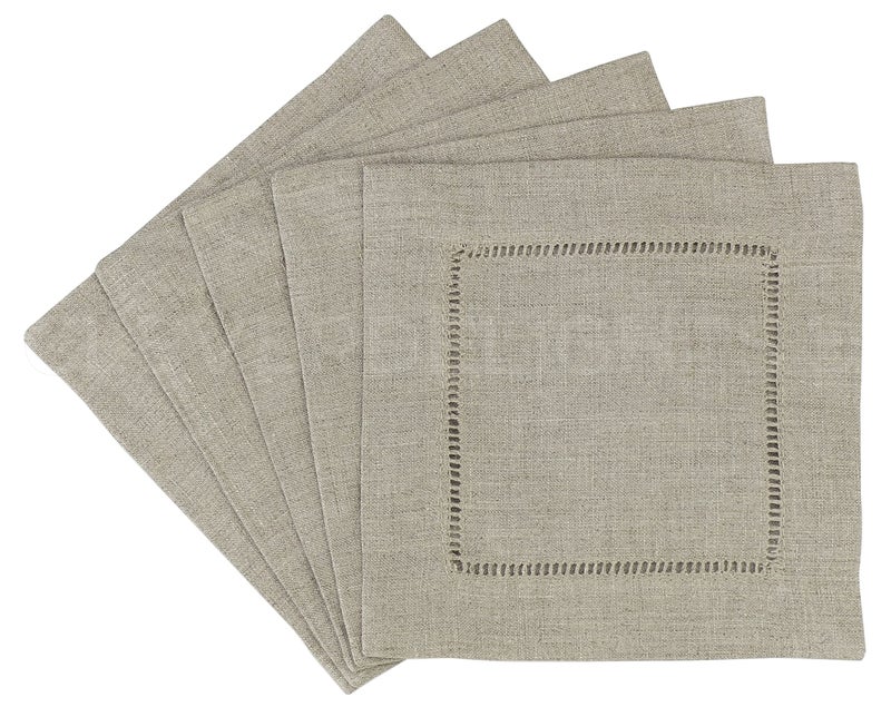 CleverDelights 6 Natural Linen Hemstitch Cocktail Napkins 12 Pack 100 Linen