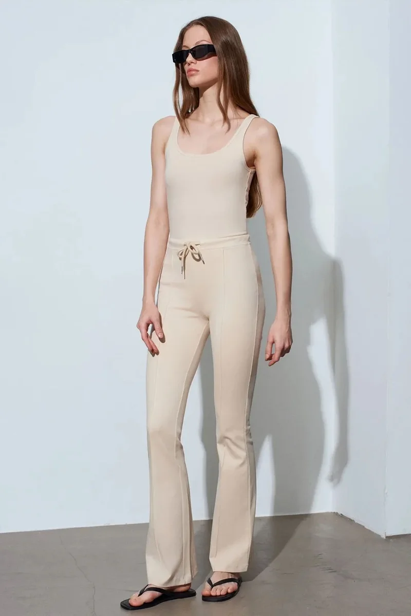 DILVIN Mid-Waist Flare Jersey Pants With Drawstring