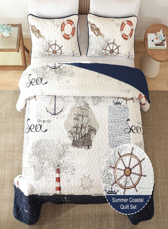 Djoymock Ocean Quilts Queen Size 3 Piece,Nautical Coastal Quilt Bedding Set with 2 Shams Soft Lightweight Beach Bedspread Coverlet Summer Reversible Microfiber Comforter Set for All Season, 96"x90" - Image 3