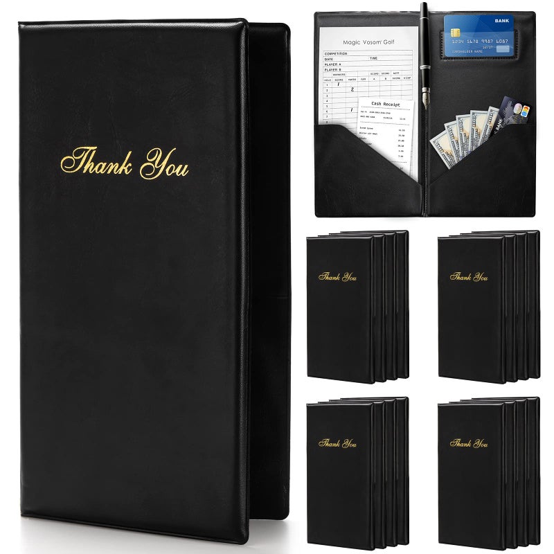 Lyellfe 12 Pack Restaurant Check Presenters Guest Check Card Holder PVC Leather Check Presenters for Servers Black with Gold Thank You Imprint Ideal for Restaurants Cafe Bar Eatery