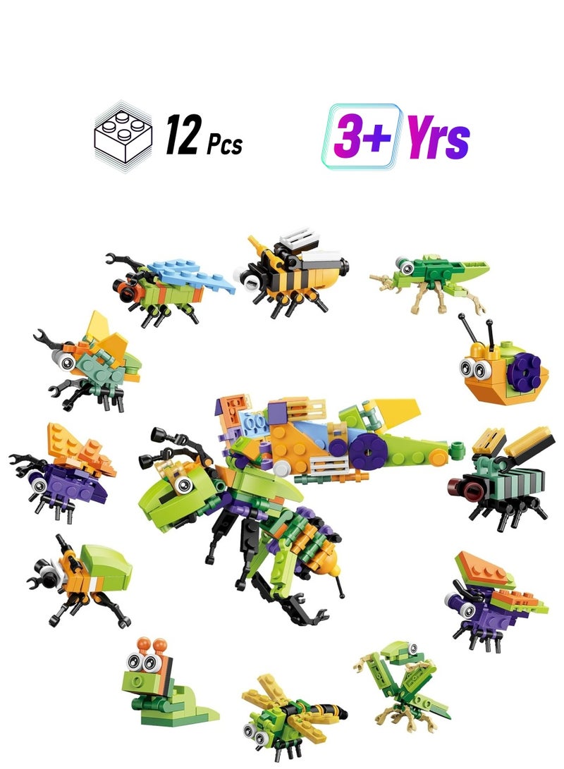 Zikra 12 في 1 مجموعات كتل بناء الحيوانات، ألعاب حشرات، هدايا حفلات للأطفال، ألعاب حشرات صغيرة للأطفال، حشوات أكياس الهدايا، هدايا عيد الميلاد، جوائز، للأولاد والبنات (12 عبوة) - Image 1