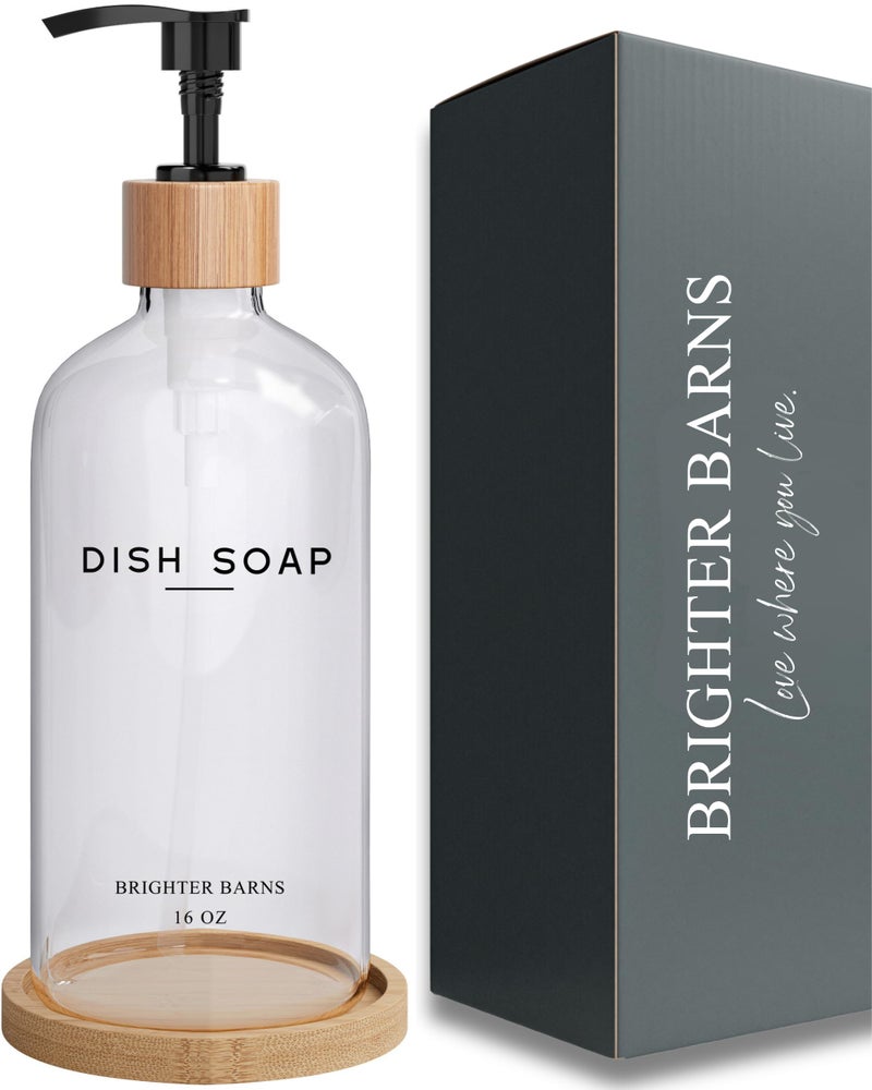 Clear Glass Dish Soap Dispenser by Brighter Barns  Kitchen Sink Set With Bamboo Tray  Modern Decor and Accessories Minimalist Neutral Home Clear