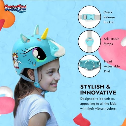 STREETJAM Magic Unicorn Open Face Sports Helmet for Kids, Hard PP Outer Shell, EPS Inner Comfort Linner case, Adjustable Strap & Adjuster Dial, Unisex Helmet for Cycling(5-8 Years, Cyan Blue) - Image 3