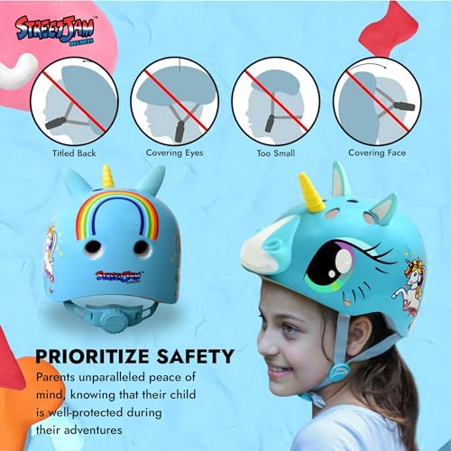 STREETJAM Magic Unicorn Open Face Sports Helmet for Kids, Hard PP Outer Shell, EPS Inner Comfort Linner case, Adjustable Strap & Adjuster Dial, Unisex Helmet for Cycling(5-8 Years, Cyan Blue) - Image 4
