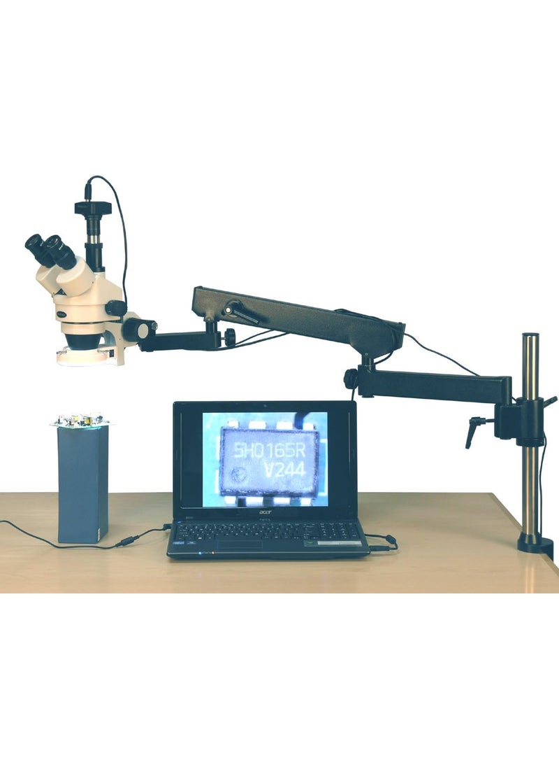 AmScope AmScope SM8TZ144S10M Digital Professional Trinocular Stereo Zoom Microscope WH10x Eyepieces 35X90X Magnification 07X45X Zoom Objective 144Bulb LED Ring Light ArticulatingArm Boom Stand 110V240V Includes 05x and 20x Barlow Lenses and 10MP Camera with Reduction Lens and Software  - Image 2