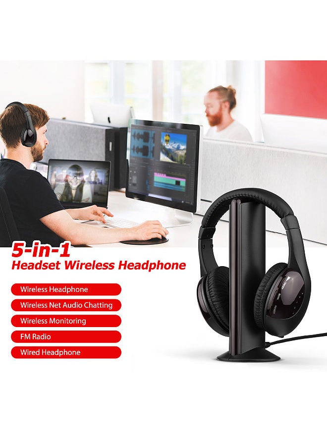 Generic - 5-in-1 Multifunctional Wireless Headset FM Hi-Fi Wireless Headphone Emitter & Receiver Set FM Radio Computer TV Monitor Cordless Headphone Wired Headset with Microphone - Image 1