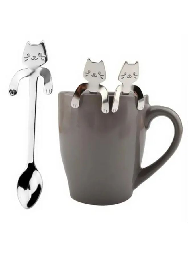 Cat Shaped Teaspoons 6 Pack Silvery Stainless Steel Mini Scoop For Ice Cream Dessert - Image 2