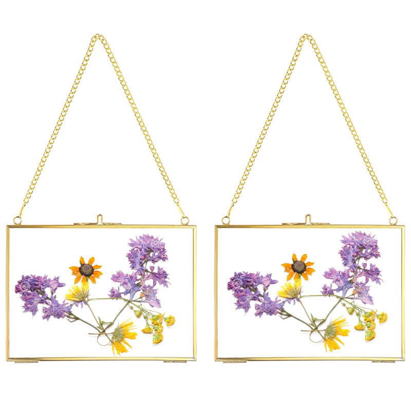 JUXYES Set of 2 Brass Wall Hanging Photo Frame  Glass Hanging Picture Artwork Display Frame  Double Glass Floating Frame Style Gallery Wall Frame for Photo Picture Poster etc