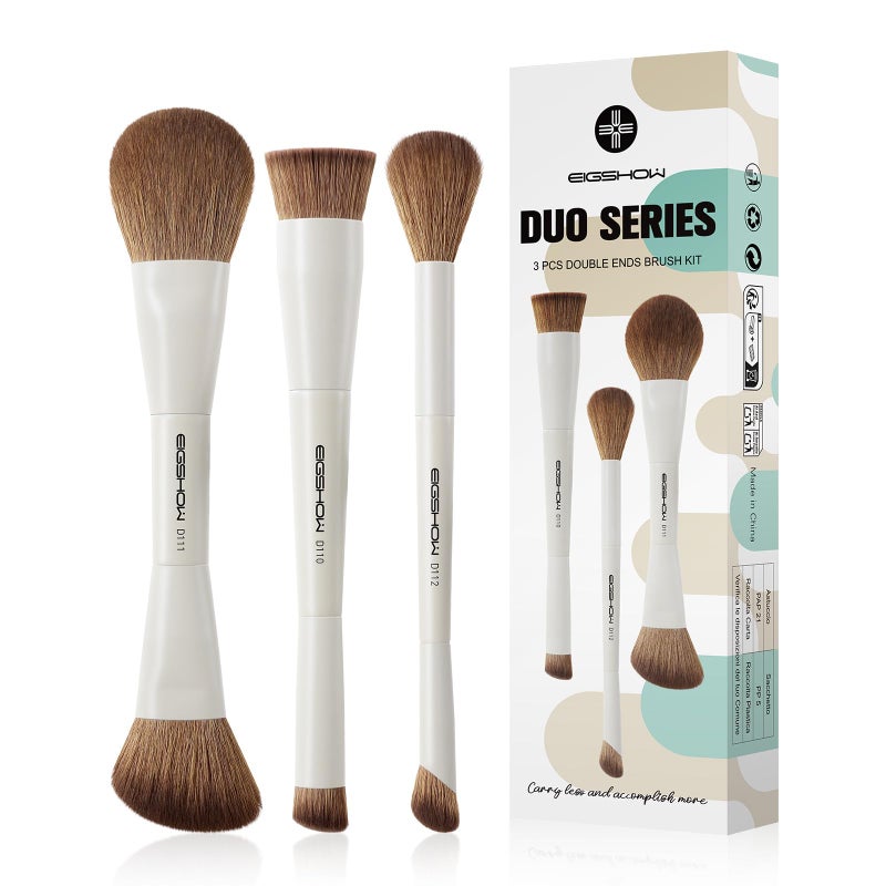 EIGSHOW Makeup Brush Set 3Pcs Double Ended Face Makeup Brushes for Foundation Powder Contour Highlight Concealer Nose Shadow Travel Gift Set Beige