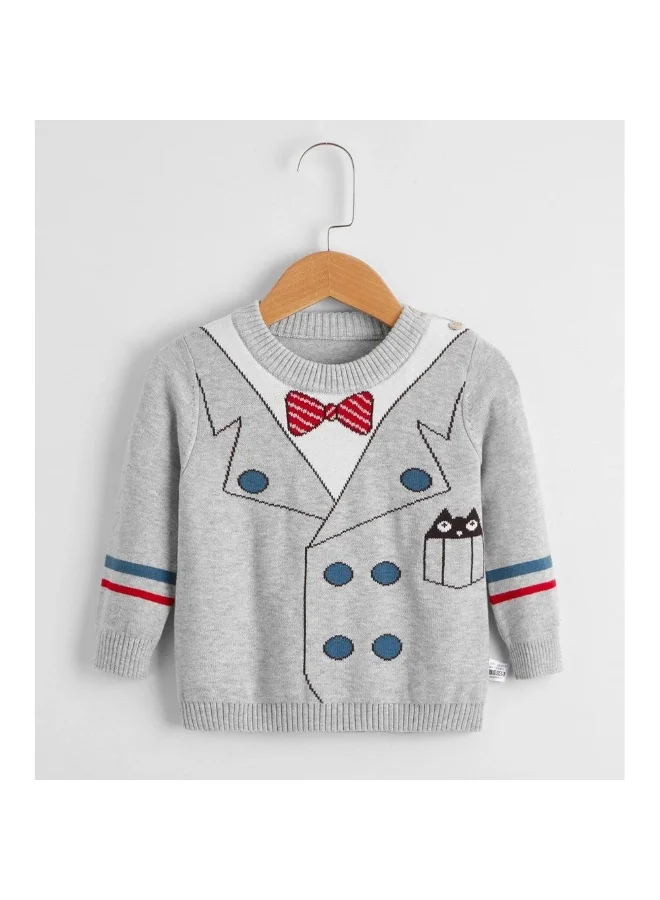 LITTLE SURPRISE BOX Grey, Little Man Bow Print Kids Cardigan Sweater, Round Neck