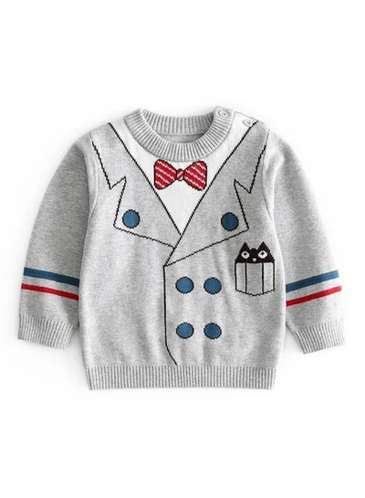 LITTLE SURPRISE BOX Grey, Little Man Bow Print Kids Cardigan Sweater, Round Neck