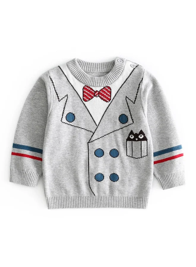 LITTLE SURPRISE BOX Grey, Little Man Bow Print Kids Cardigan Sweater, Round Neck