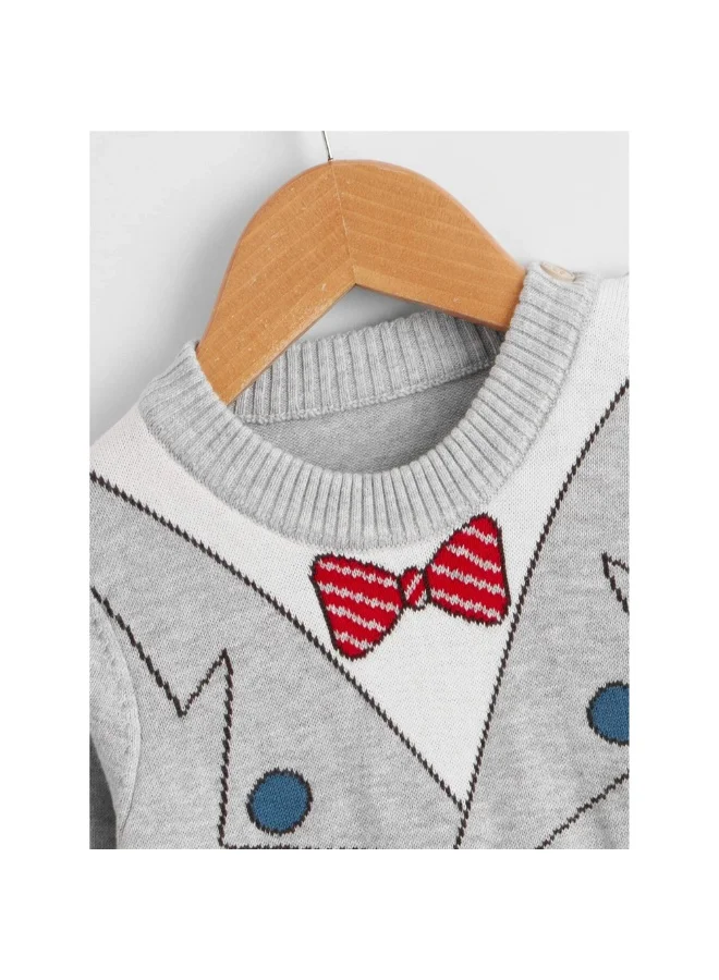 LITTLE SURPRISE BOX Grey, Little Man Bow Print Kids Cardigan Sweater, Round Neck