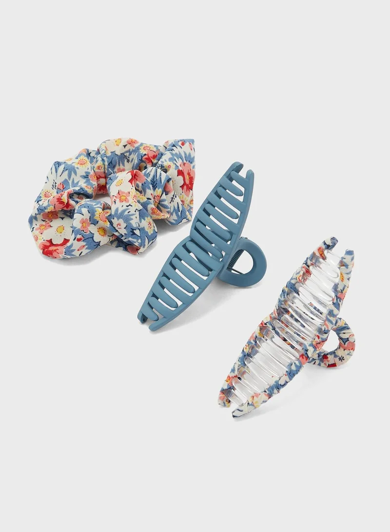 ELLA 3 Pack Mix Floral Scrunchie & Claw Hair Clip