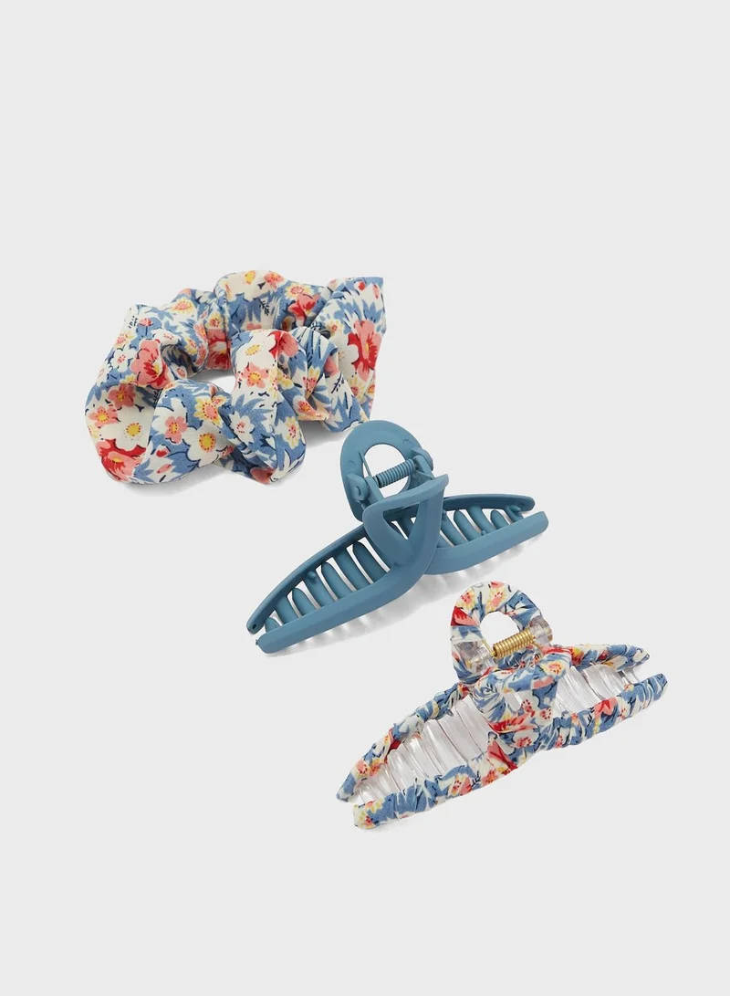 ELLA 3 Pack Mix Floral Scrunchie & Claw Hair Clip