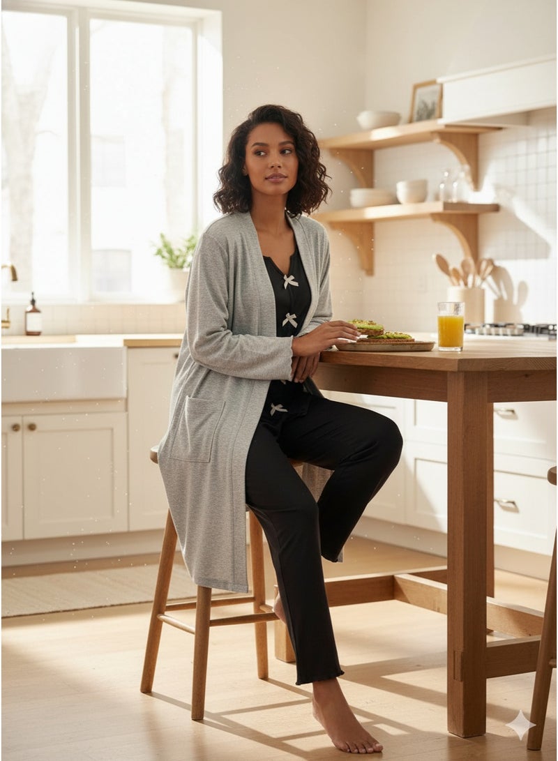 جوانا طقم بيجامة جوانا الأسود المريح بربطة عنق على شكل فيونكة | بلوزة كارديجان بأكمام طويلة وحواف صدفية وبنطلون محبوك ناعم - Image 5