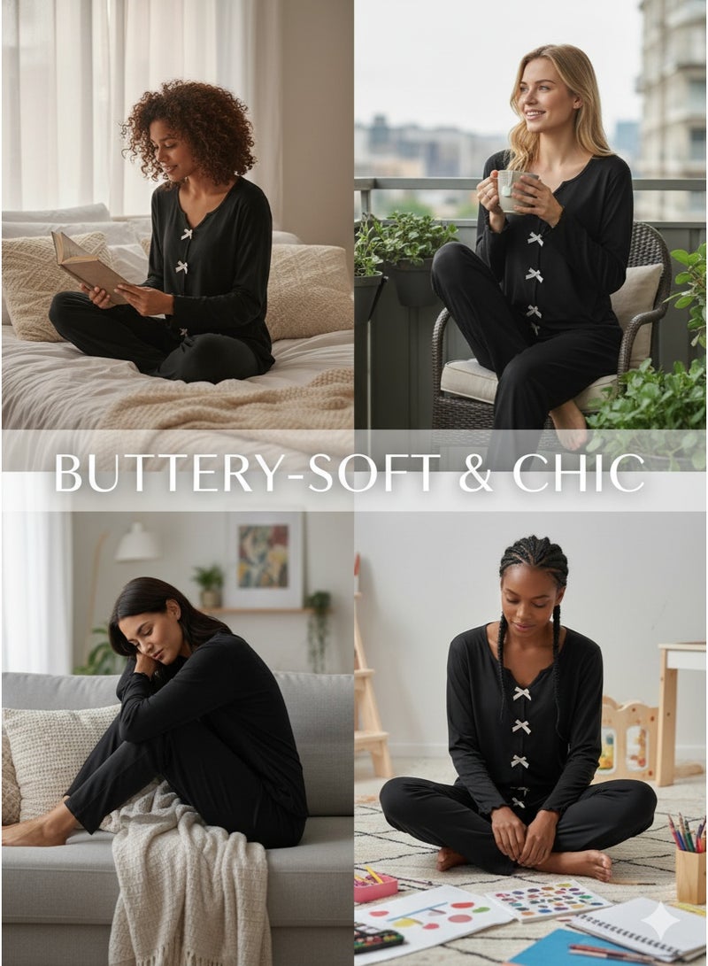 جوانا طقم بيجامة جوانا الأسود المريح بربطة عنق على شكل فيونكة | بلوزة كارديجان بأكمام طويلة وحواف صدفية وبنطلون محبوك ناعم - Image 2