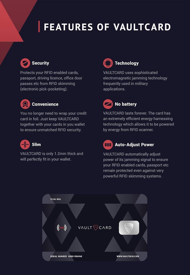 Vaultskin VAULTCARD - RFID Blocking & Jamming Credit & Debit Card Protection for Wallet and Passport - Superior NFC Anti-Theft, Patented Multi-Card Defense - Image 3