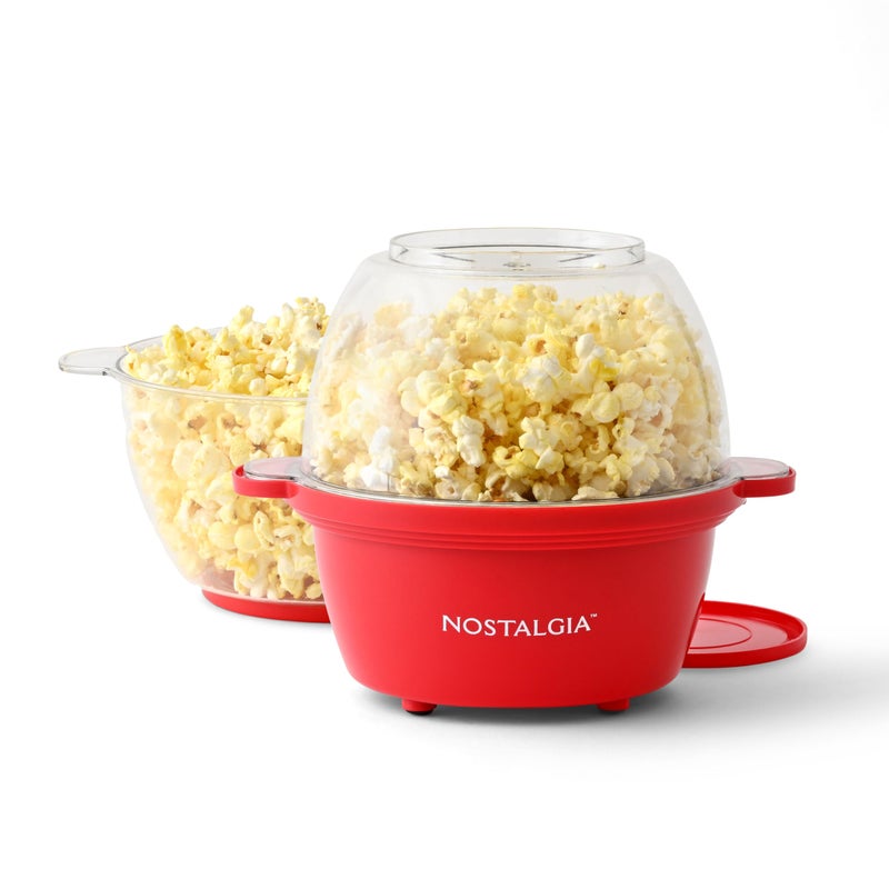 Nostalgia Electric Non Stick Stirring Popcorn Maker for 8 Cups of Theater Style Popcorn with Hot Oil - Dual-Use Lid & Serving Bowl Cool Touch Handles - Easy to Store - Red - Image 1