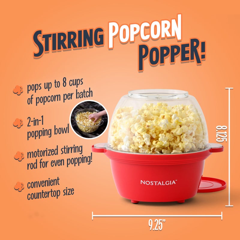 Nostalgia Electric Non Stick Stirring Popcorn Maker for 8 Cups of Theater Style Popcorn with Hot Oil - Dual-Use Lid & Serving Bowl Cool Touch Handles - Easy to Store - Red - Image 2