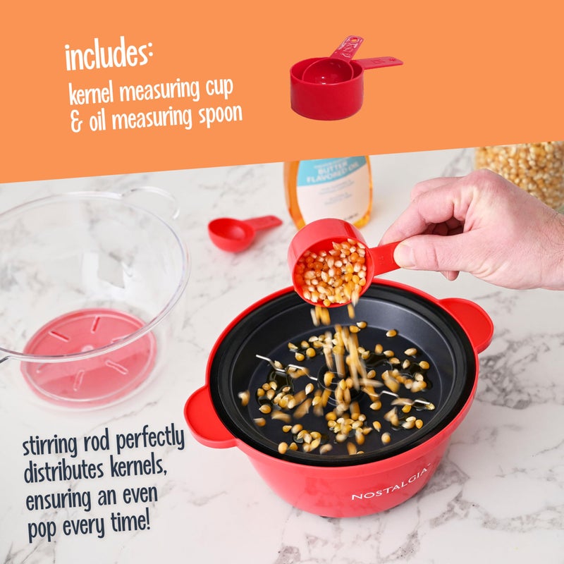 Nostalgia Electric Non Stick Stirring Popcorn Maker for 8 Cups of Theater Style Popcorn with Hot Oil - Dual-Use Lid & Serving Bowl Cool Touch Handles - Easy to Store - Red - Image 3