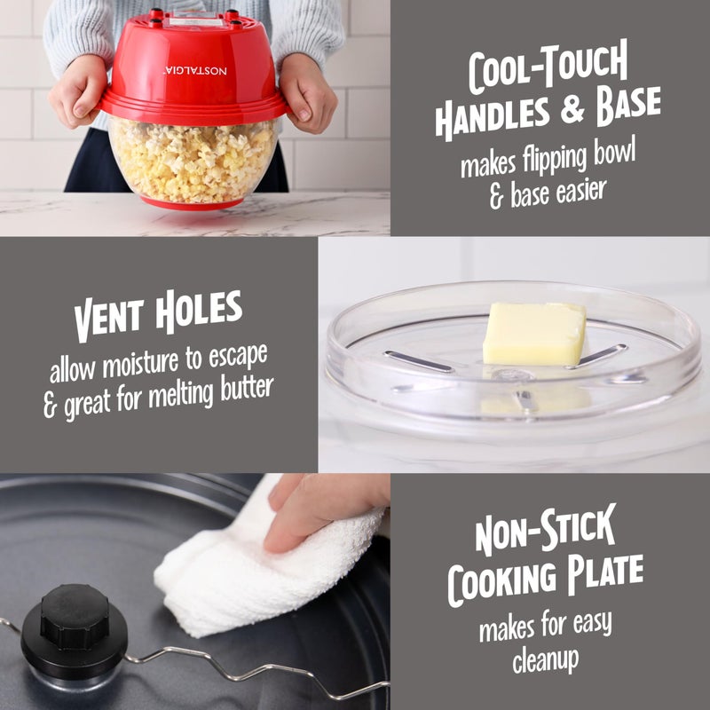 Nostalgia Electric Non Stick Stirring Popcorn Maker for 8 Cups of Theater Style Popcorn with Hot Oil - Dual-Use Lid & Serving Bowl Cool Touch Handles - Easy to Store - Red - Image 4