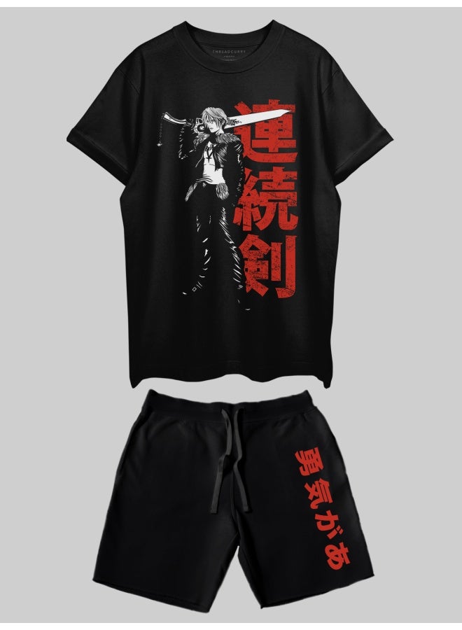 THREADCURRY THREADCURRY Red Sword Printed Co-ord Set for Men - Half Sleeve Oversized T-Shirt and Shorts  - Image 1