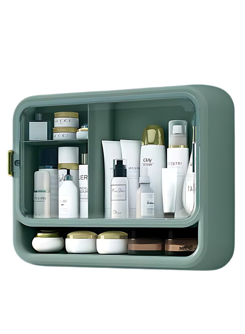 صندوق تخزين مستحضرات التجميل متعدد الوظائف مثبت على الحائط من البلاستيك المقاوم للماء والغبار ومنظم المكياج للحمام وغرفة النوم (أخضر)