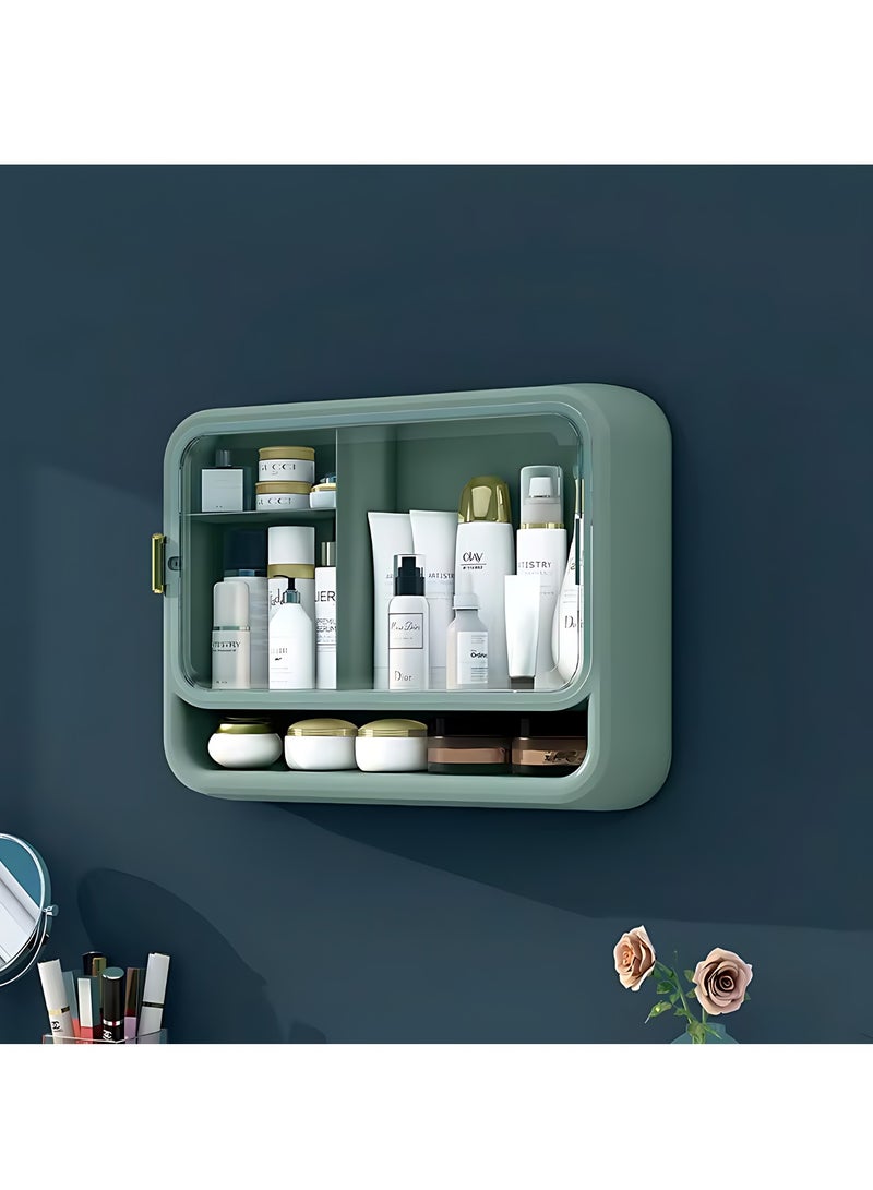 صندوق تخزين مستحضرات التجميل متعدد الوظائف مثبت على الحائط من البلاستيك المقاوم للماء والغبار ومنظم المكياج للحمام وغرفة النوم (أخضر)