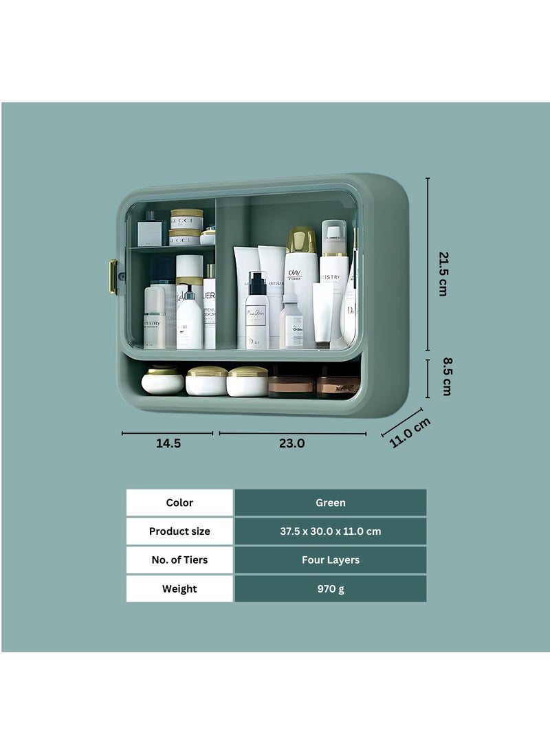 صندوق تخزين مستحضرات التجميل متعدد الوظائف مثبت على الحائط من البلاستيك المقاوم للماء والغبار ومنظم المكياج للحمام وغرفة النوم (أخضر)