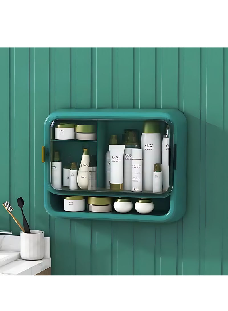 صندوق تخزين مستحضرات التجميل متعدد الوظائف مثبت على الحائط من البلاستيك المقاوم للماء والغبار ومنظم المكياج للحمام وغرفة النوم (أخضر)