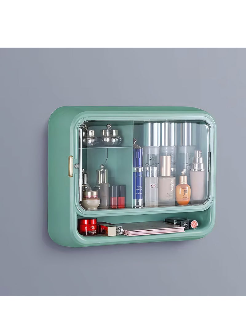 صندوق تخزين مستحضرات التجميل متعدد الوظائف مثبت على الحائط من البلاستيك المقاوم للماء والغبار ومنظم المكياج للحمام وغرفة النوم (أخضر)