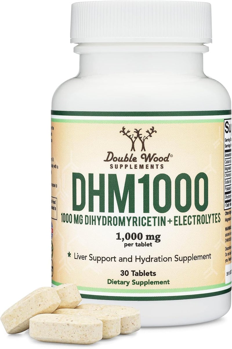 Double Wood Supplements أقراص ديهيدرومايريسيتين DHM1000  الأكثر قوة في السوق  1000 ملغ 30 حبة معززة بالإلكتروليتات لدعم الترطيب والكبد من دابل وود - Image 1