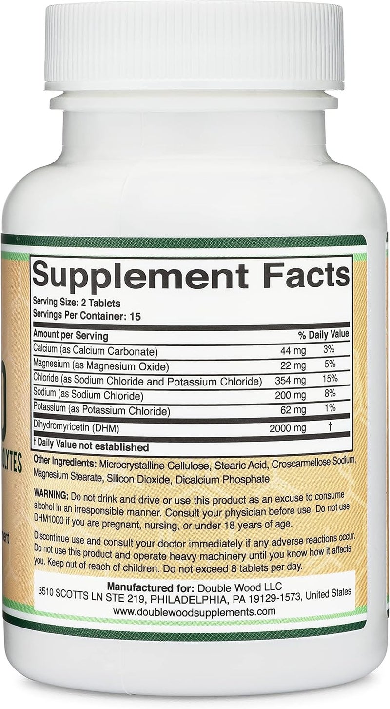 Double Wood Supplements أقراص ديهيدرومايريسيتين DHM1000  الأكثر قوة في السوق  1000 ملغ 30 حبة معززة بالإلكتروليتات لدعم الترطيب والكبد من دابل وود - Image 3