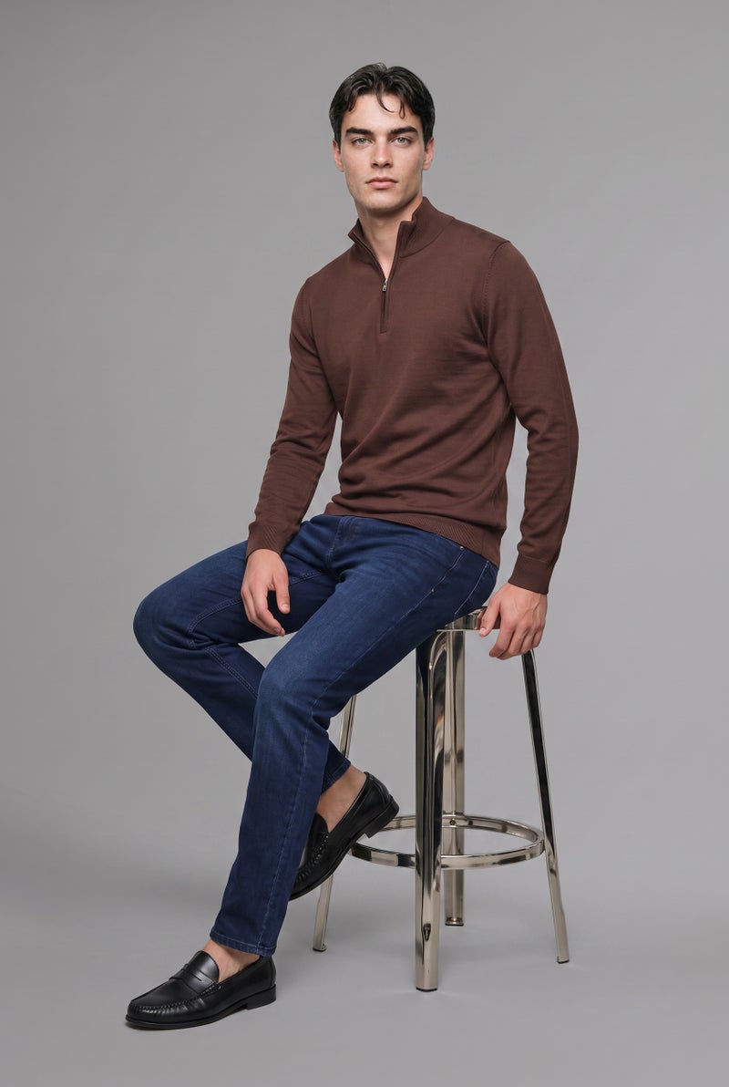 DeFacto Brown Man Standard Fit Half-Zip Stand Collar Knit Basic Pullover Casual - Image 4