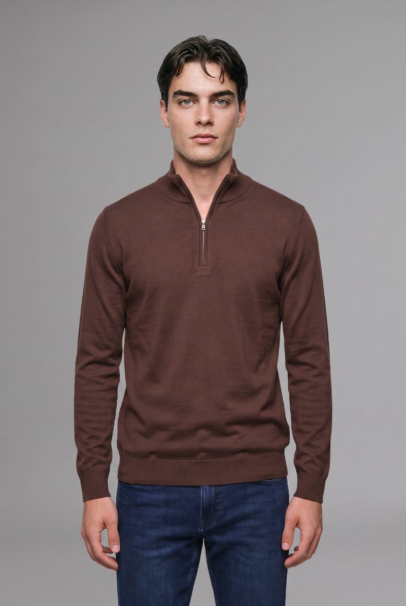 DeFacto Brown Man Standard Fit Half-Zip Stand Collar Knit Basic Pullover Casual - Image 2