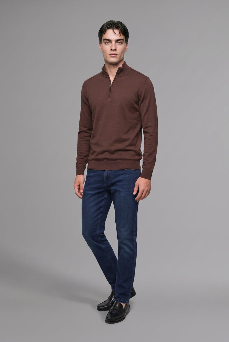 DeFacto Brown Man Standard Fit Half-Zip Stand Collar Knit Basic Pullover Casual - Image 1