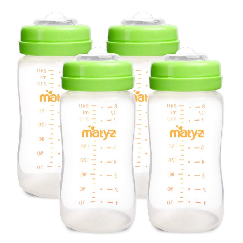 Matyz 4-PACK Breastmilk Storage Bottles With Lids (Green, 8oz Each) - Wide Mouth Breastmilk Collection Storage Bottle - Leakproof Breast Pump Bottle for Spectra Medela Philips Breast Pumps - Image 1