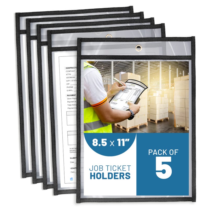 JUZARI 5 Pack Job Ticket Holders 8.5x11 - Work Order Plastic Sleeves for Documents - 8 1/2 x 11 Shop Ticket Holders - Dry Erase Pocket Sleeves - Dry Erase Pockets - Dry Erase Sleeve - Clear Pocket Sleeve - Image 1