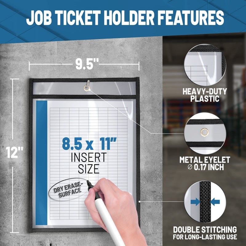 JUZARI 5 Pack Job Ticket Holders 8.5x11 - Work Order Plastic Sleeves for Documents - 8 1/2 x 11 Shop Ticket Holders - Dry Erase Pocket Sleeves - Dry Erase Pockets - Dry Erase Sleeve - Clear Pocket Sleeve - Image 2