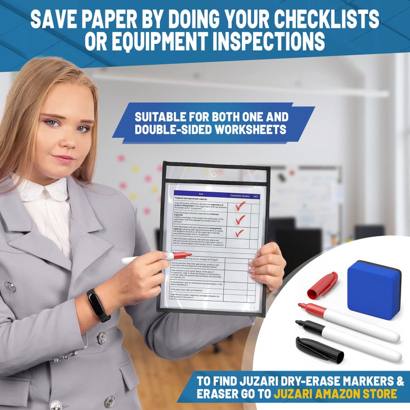 JUZARI 5 Pack Job Ticket Holders 8.5x11 - Work Order Plastic Sleeves for Documents - 8 1/2 x 11 Shop Ticket Holders - Dry Erase Pocket Sleeves - Dry Erase Pockets - Dry Erase Sleeve - Clear Pocket Sleeve - Image 3