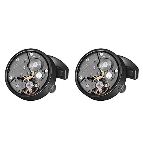 Merit Ocean Mechanical Movement Cufflinks Steampunk Watch Mens Shirt Vintage Watch Cuff Links Business Wedding Gifts with Gift Box (Black) - Image 3