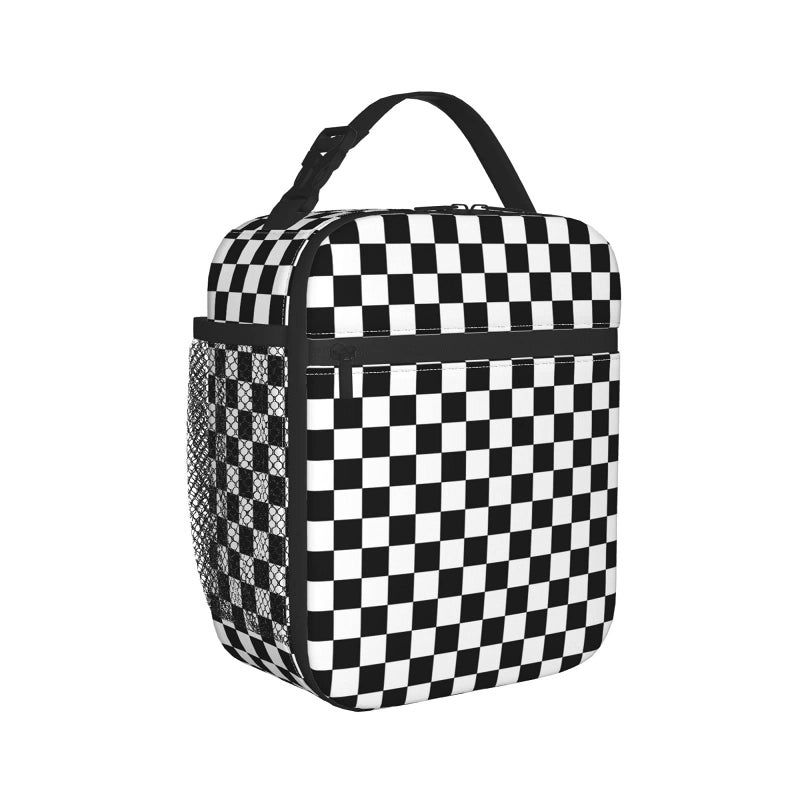 Groamaup Insulated Lunch Bag Black White Racing and Checkered Pattern Reusable Cooler Tote Lunch Bags for Office Travel