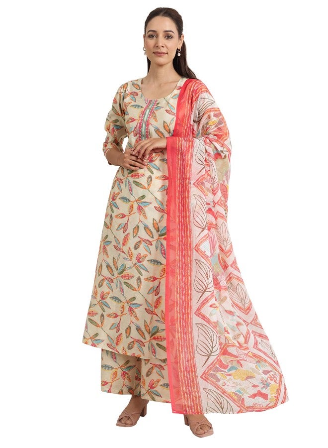 Libas Womens Printed Silk Blend Straight Kurta With Palazzos and Dupatta - Image 1
