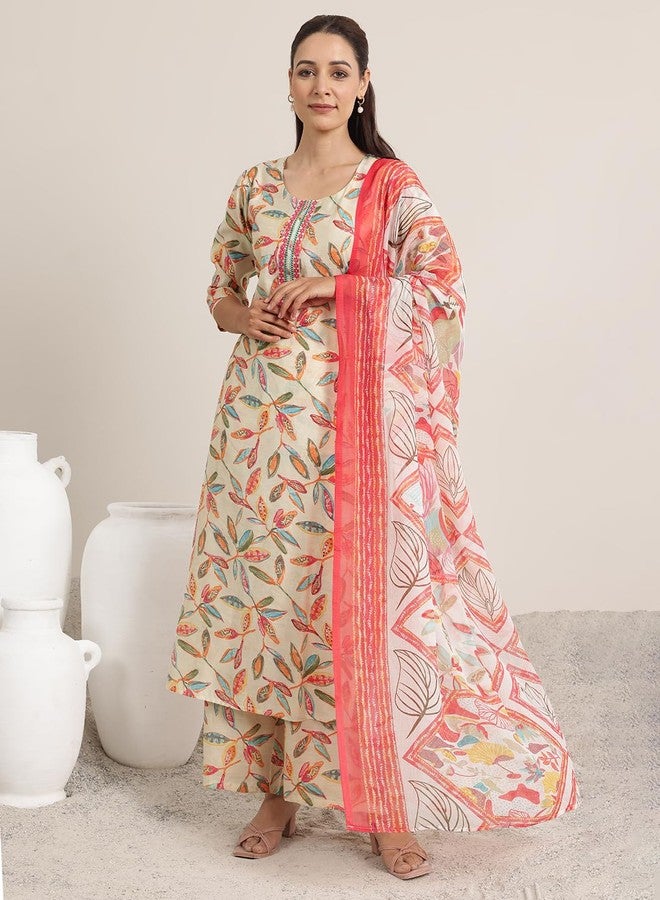 Libas Womens Printed Silk Blend Straight Kurta With Palazzos and Dupatta - Image 3