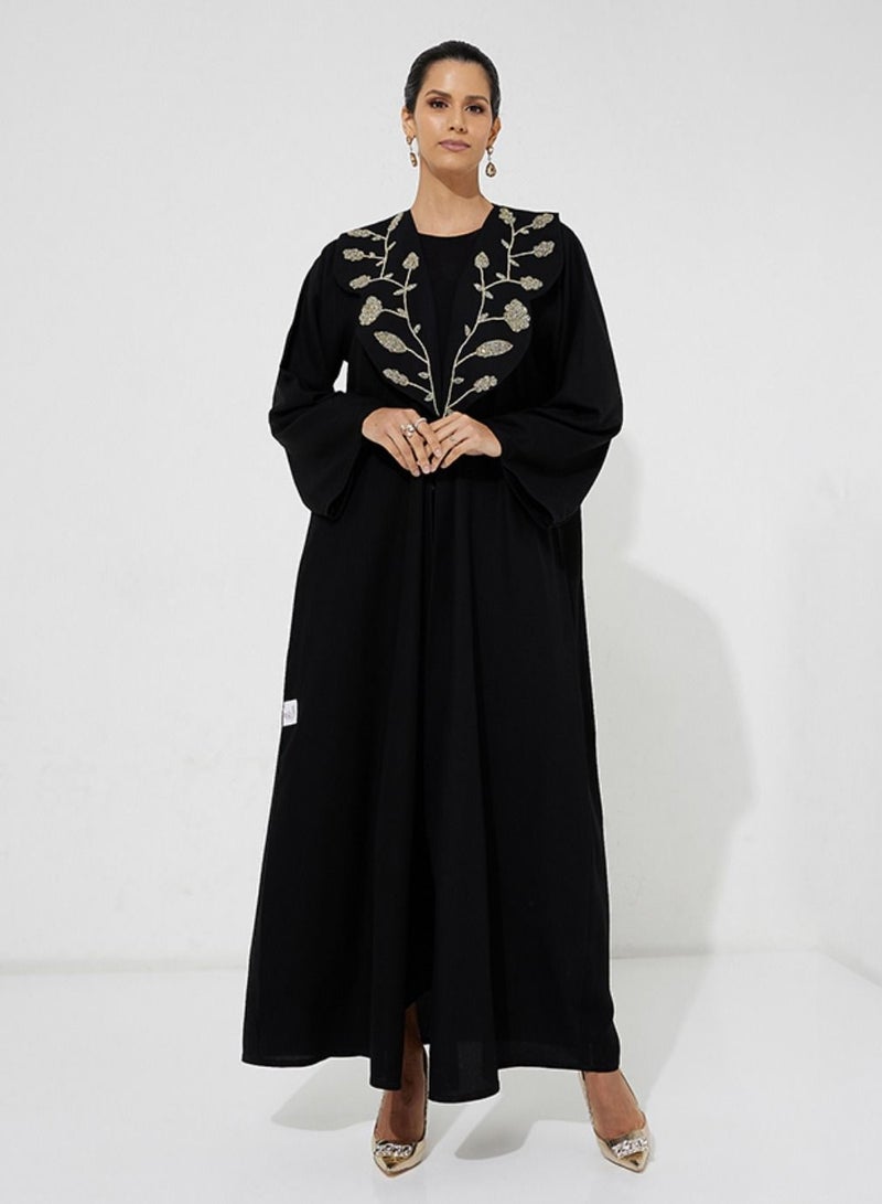 Rosette Abaya Open Black Abaya - Image 1