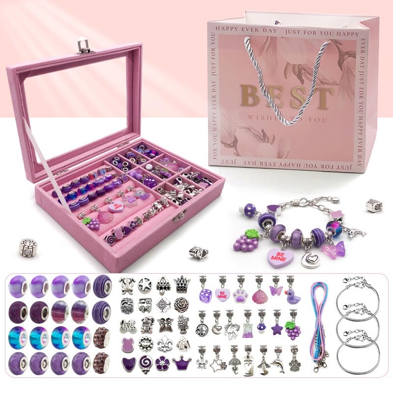Capstro 68PCS Charm Bracelet Making Kit for Girls – Purple Jewelry Kit with Snake Chain Bracelets, Cords, Beads, Pendants,  Luxury Jewelry Box & Gift Bag | DIY Bracelet Craft Set for Kids Ages 6–12 - Image 2