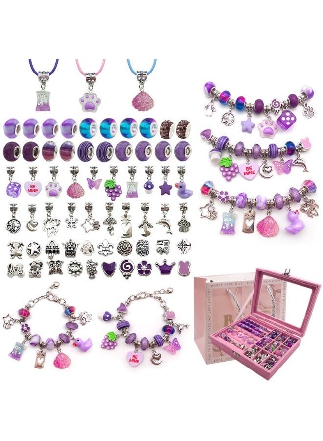 Capstro 68PCS Charm Bracelet Making Kit for Girls – Purple Jewelry Kit with Snake Chain Bracelets, Cords, Beads, Pendants,  Luxury Jewelry Box & Gift Bag | DIY Bracelet Craft Set for Kids Ages 6–12 - Image 1